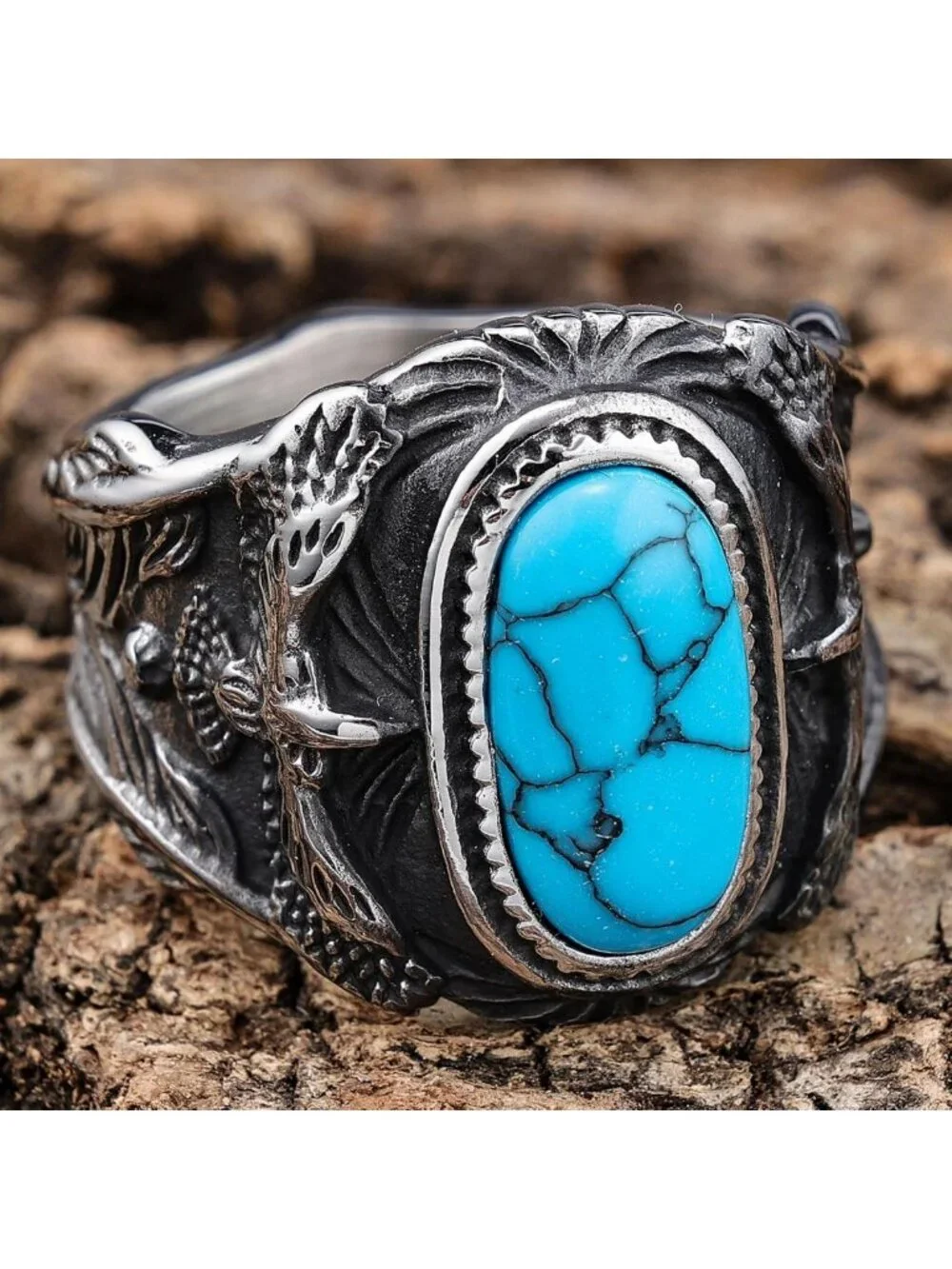 Men's Vintage Turquoise Titanium Steel Ring with Eagle Design - Western Biker